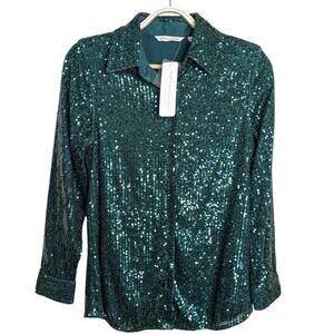 NEW Soft Surroundings Sancerre Top XS Petite Green Sequin Button Front Shirt